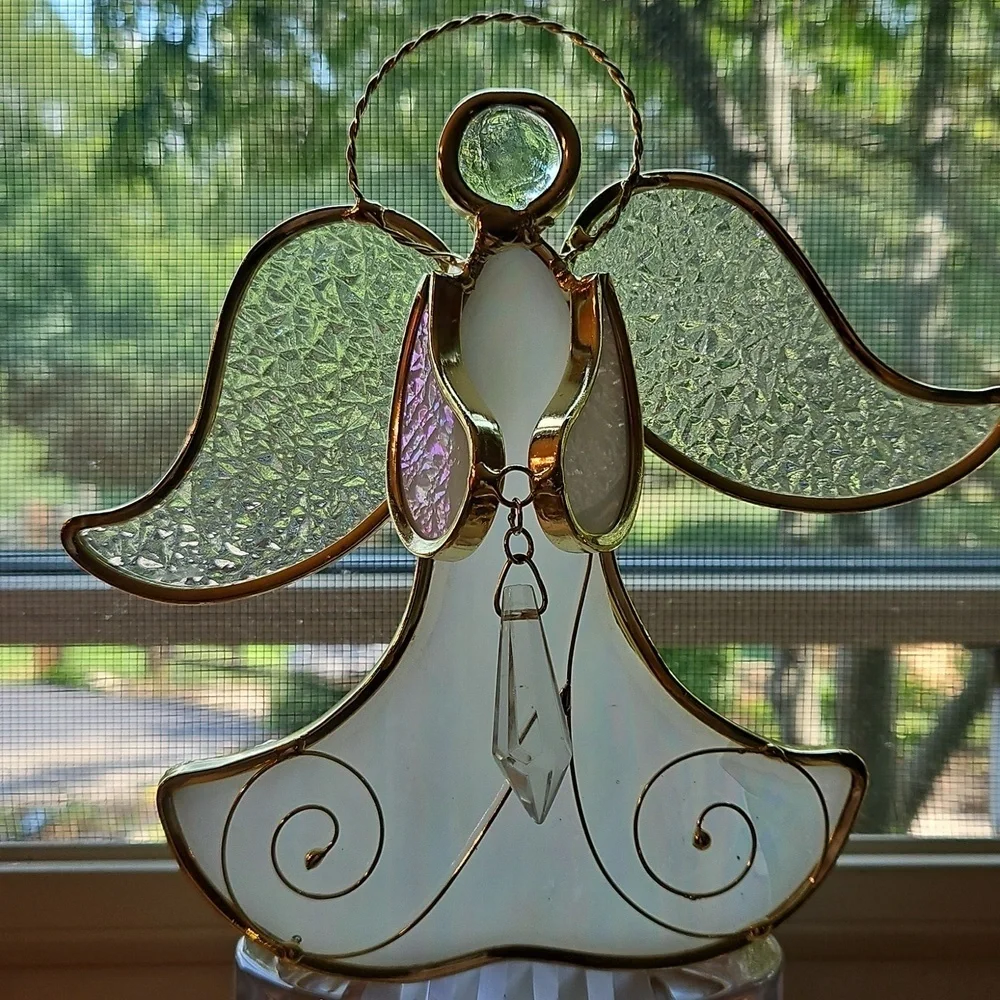 Stained Glass Angle Tealight Holder Large Irrodecent Gold Frame Crystal - Flawed